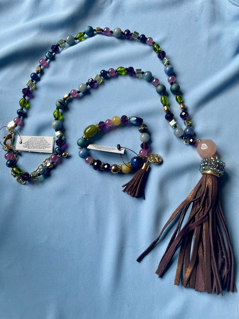Chico's Multicolor Beaded Tassel Necklace And Bracelet Set With Brown Tassel